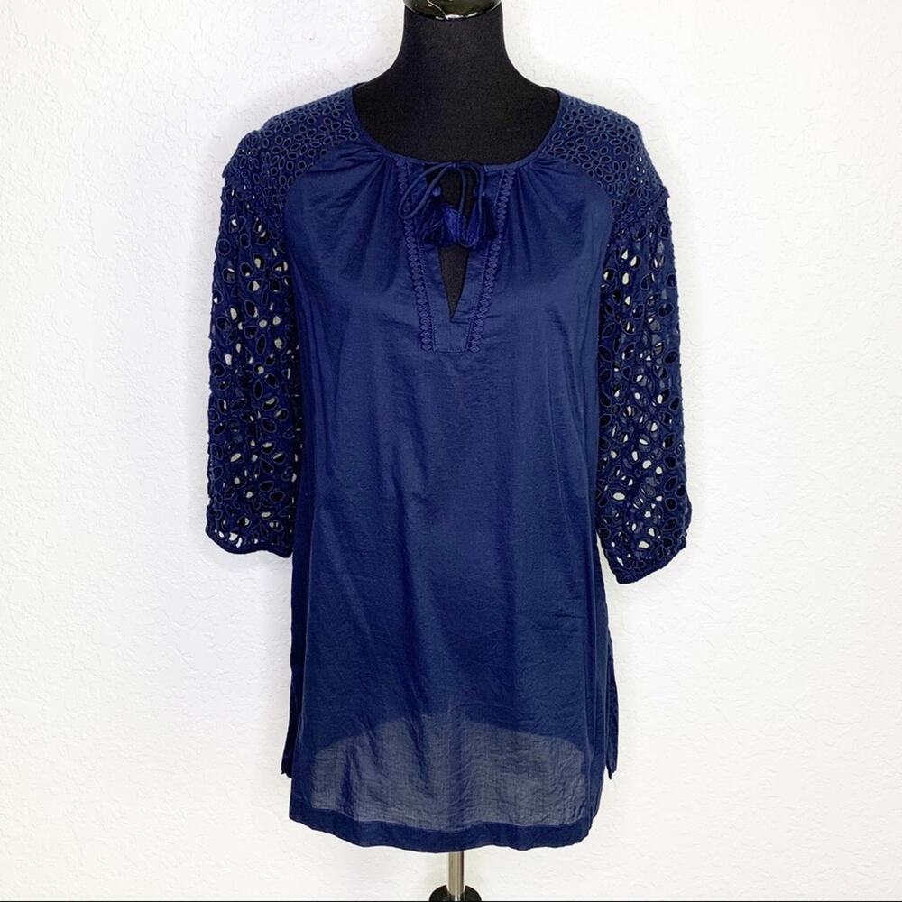J Crew‎ navy blue eyelet sleeves summer tunic top size Extra Small XS